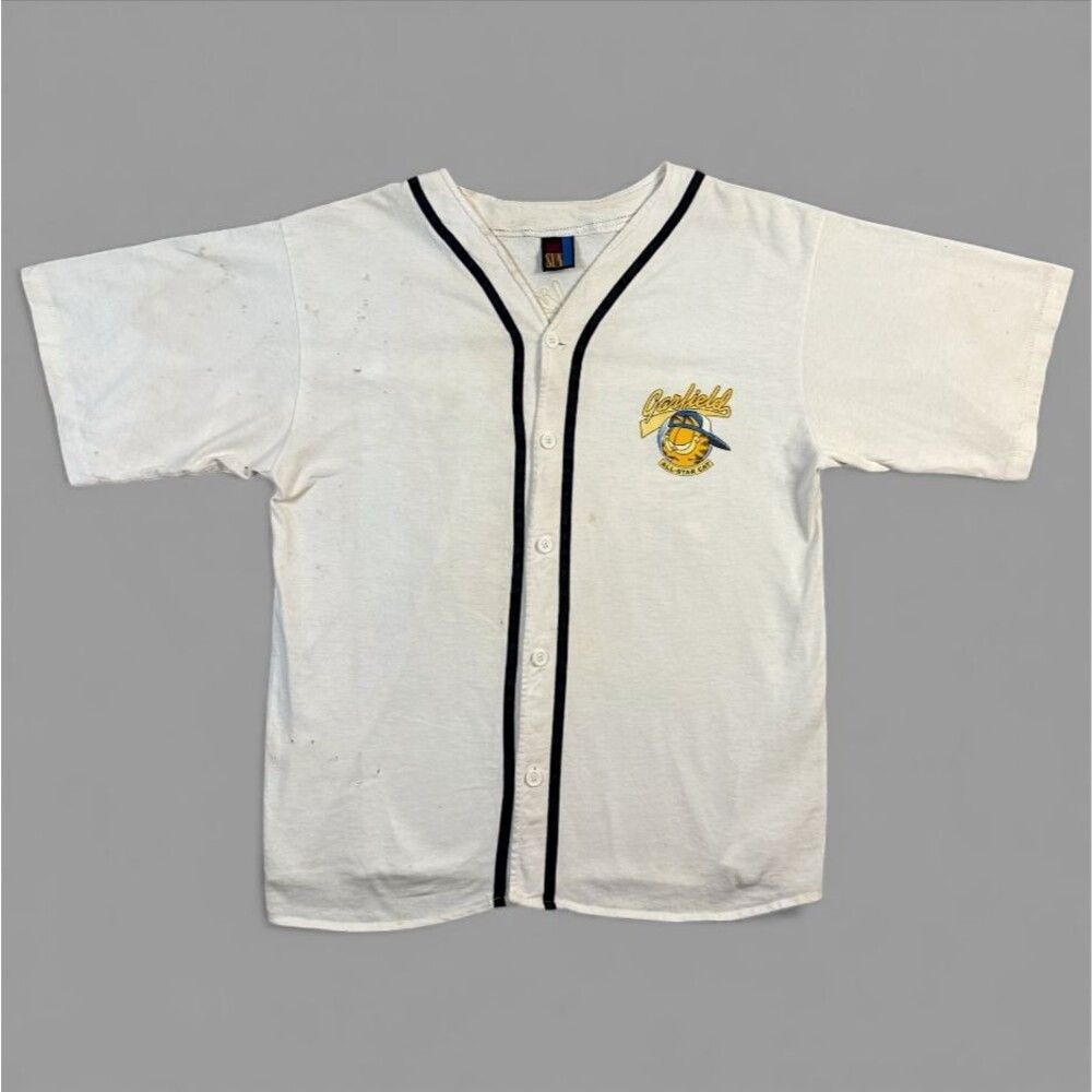 Vintage 90s Garfield Baseball Jersey Button Up Shirt Jim Davis Graphic Sz Lrg